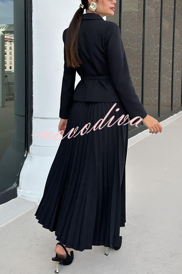 Solid Color Lapel Button Belt Blazer and Pleated Casual Maxi Skirt Set