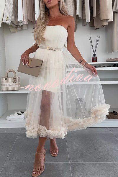 Fairytale Charm Tulle Off Shoulder Ruffles Trim A-line Midi Dress