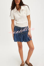 Solid Color Elastic Waist Button Tie Denim Mini Skirt