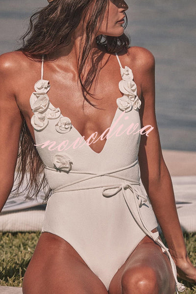 Solid Color Lace-up Flower Decoration Stretch One-piece Swimsuit