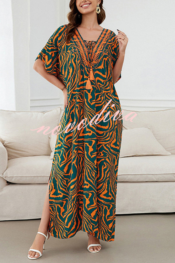 Floral Print V-Neck Lace-Up Loose Holiday Cover-Up Maxi Dress