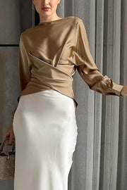 Solid Color Satin Long-sleeved Crossover Casual Shirt