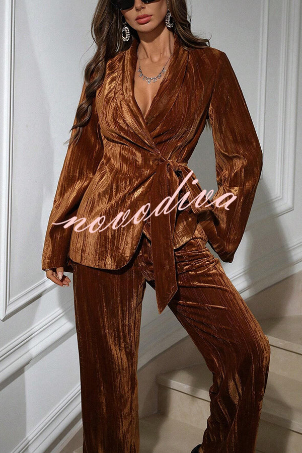 Solid Color Velvet Pleated Long-sleeved Tie Top and Casual Pocket Straight-leg Pants Set