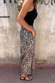 Leopard Print Elastic Waist Loose Pocket Wide Leg Pants