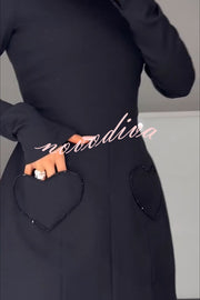 Anna Sparkling Gemstone Trim Heart Pocket Long Sleeve Mini Dress