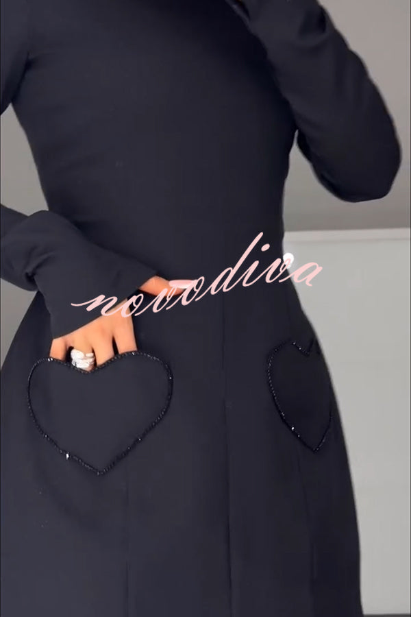 Anna Sparkling Gemstone Trim Heart Pocket Long Sleeve Mini Dress