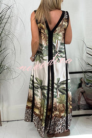 Vanna Unique Tropical Print Black Patchwork Detail A-line Maxi Dress