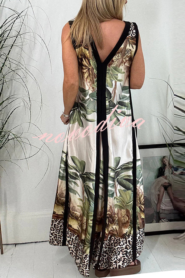 Vanna Unique Tropical Print Black Patchwork Detail A-line Maxi Dress
