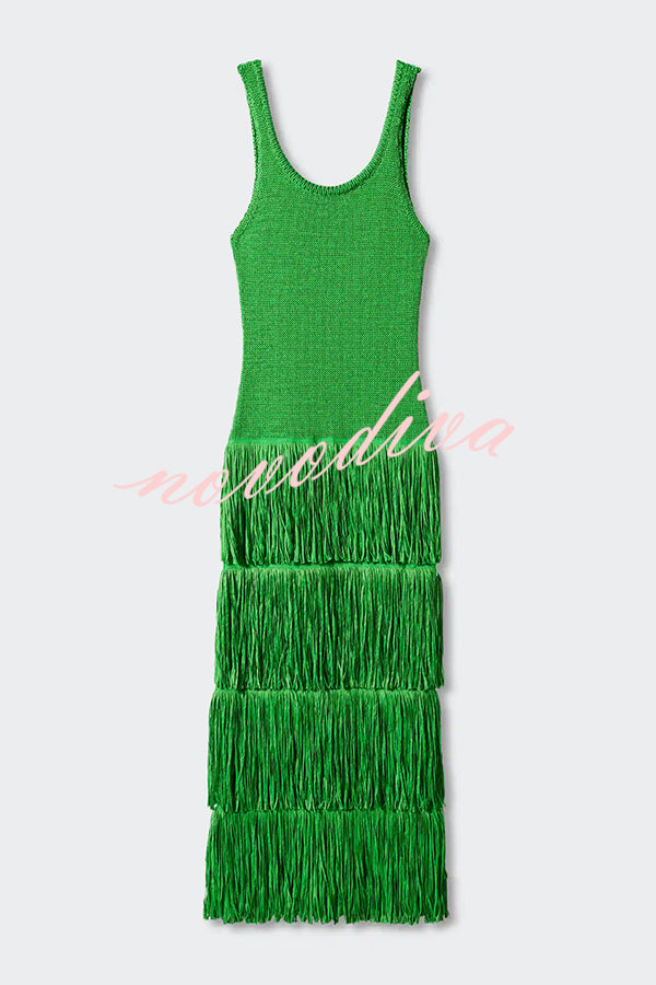 Solid Color Sleeveless Slim Fit Fringed Hem Knitted Midi Dress