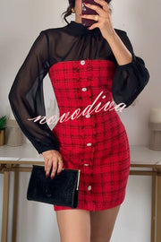 Festive Elegance Tulle Plaid Tweed Patchwork Balloon Sleeve Mini Dress