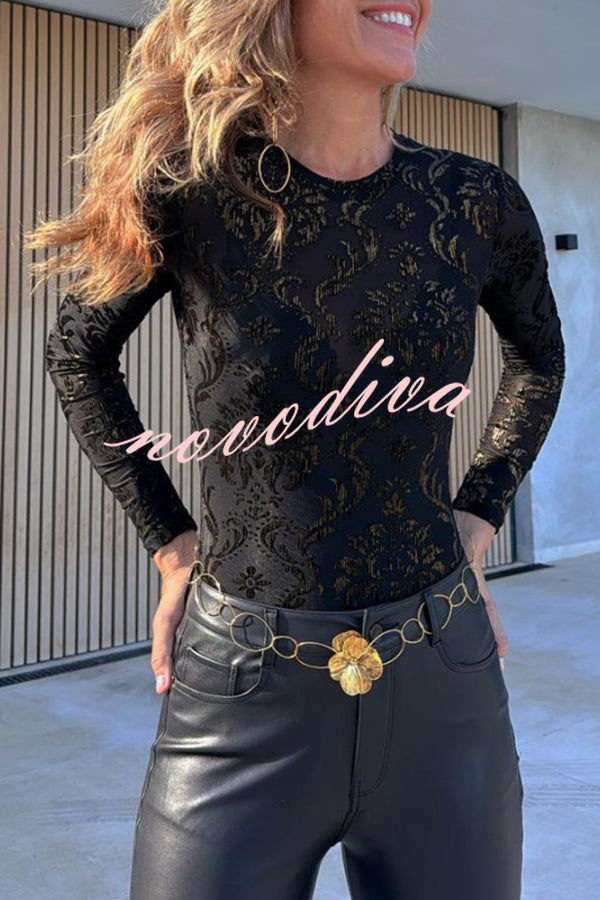 Sol Velvet Mesh Unique Pattern Long Sleeve Stretch Bodysuit