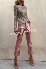 Sinclair Metallic Faux Leather High Rise Pocketed Straight Pants