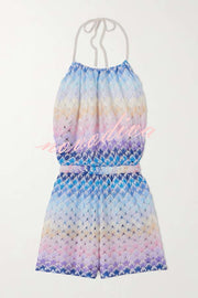 Wave Waves Knit Colorful Zigzag Pattern Halter Neck Backless Loose Romper