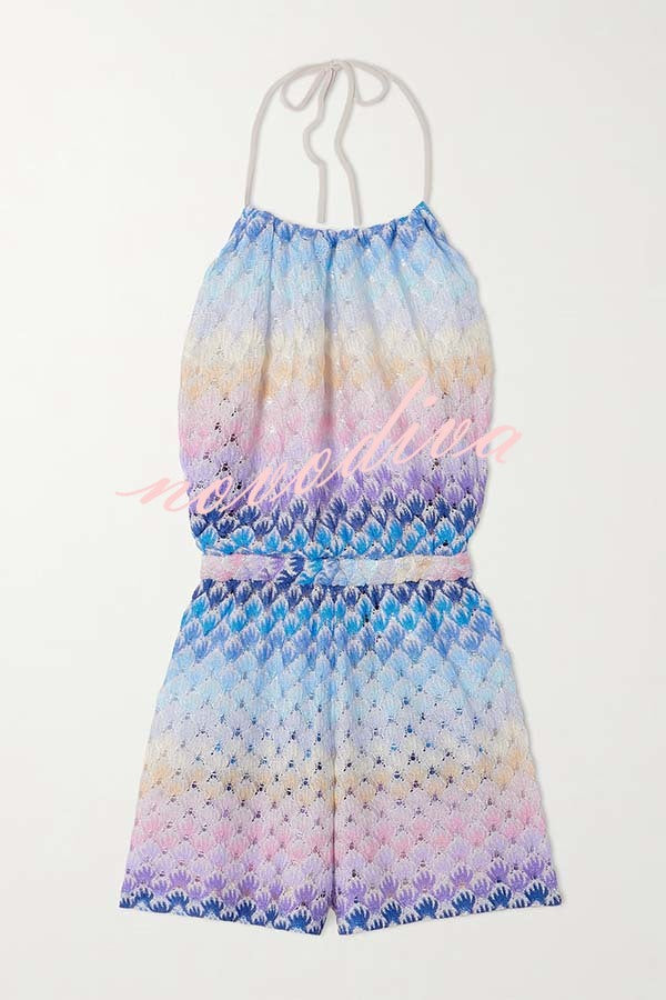 Wave Waves Knit Colorful Zigzag Pattern Halter Neck Backless Loose Romper