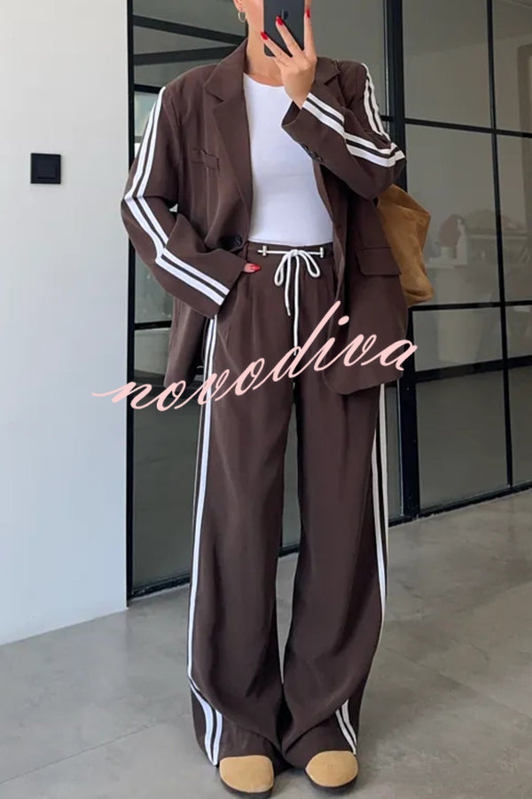 Levvie Striped Trim Long Sleeve Lapel Blazer and Rope Belt Pocketed Wide Leg Pants Set
