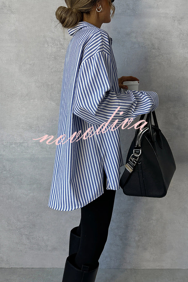 Fashionable Striped Printed Loose Long-sleeved Casual Shirt