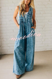 Fashionable and Casual Sleeveless V-neck Lace-up Loose Pocket Jumpsuit