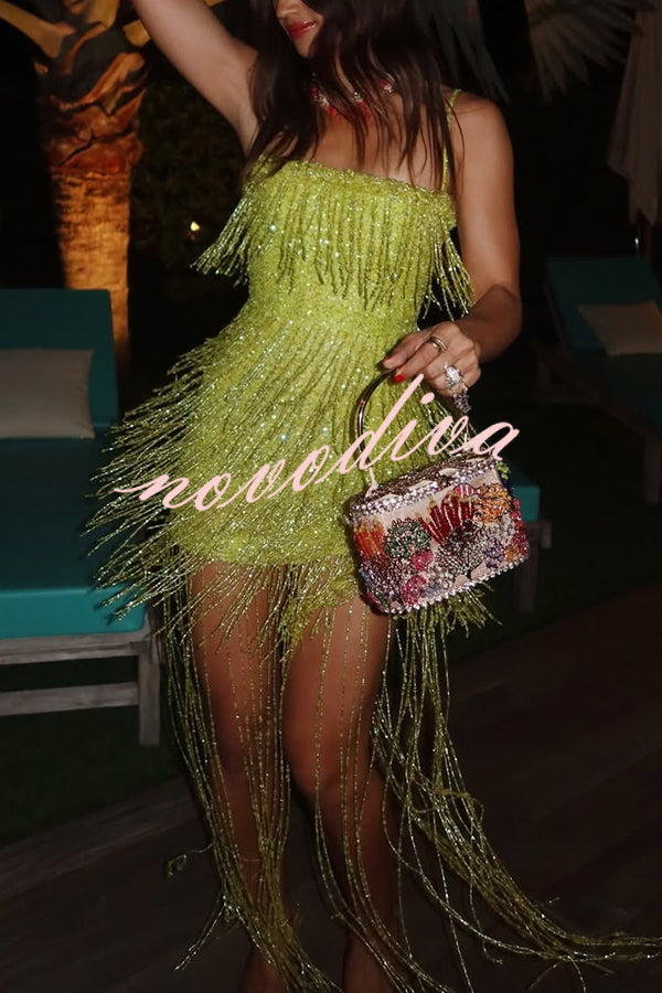 Sparkle Night Beaded Sequined Tassel Slip Midi Dress