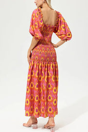 Venita Unique Printed Off Shoulder Balloon Sleeve Smocked Midi Dress