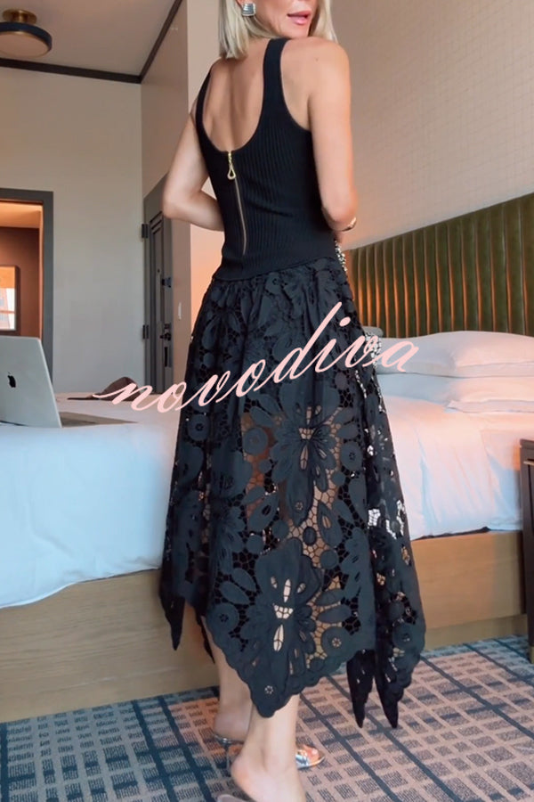 Atlas Asymmetric Ribbed-knit and Guipure Lace Back Zipper Midi Dress