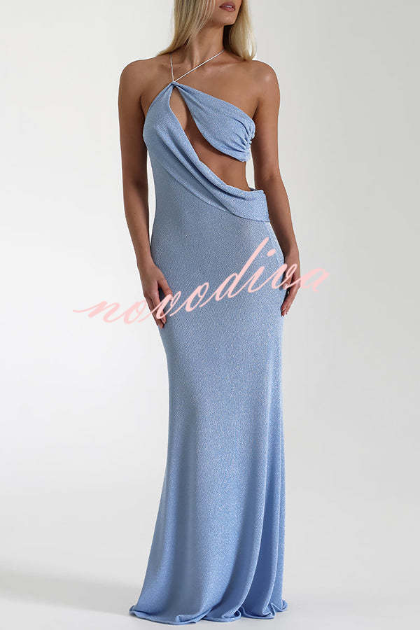 Elissa Glitter Fabric One Shoulder Asymmetrical Cutout Stretch Maxi Dress