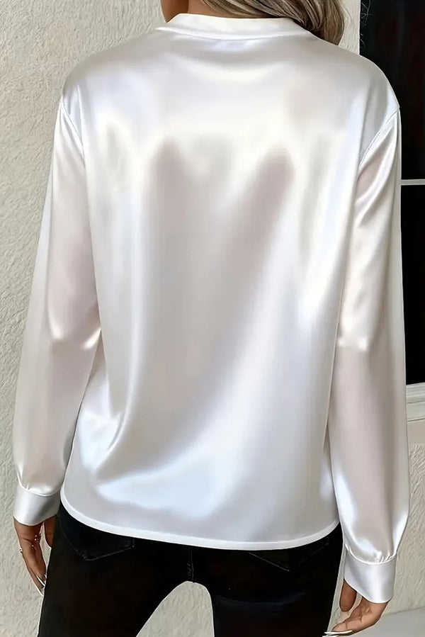Solid Color Satin Loose V-neck Long-sleeved Casual Shirt