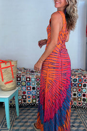 Nahuel Tie-dye Print Back Lace-up Fishtail Hem Stretch Maxi Dress