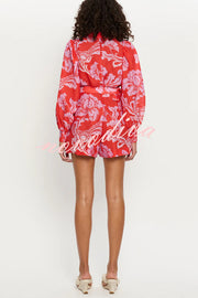 Linen Blend Botanical Print Lapel Puff Sleeve Loose Tie Casual Rompers
