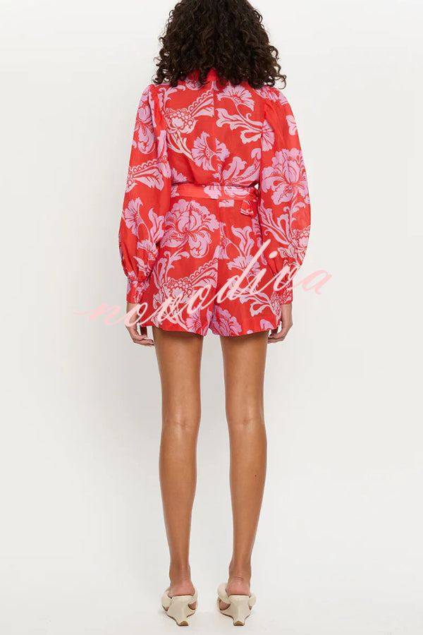 Linen Blend Botanical Print Lapel Puff Sleeve Loose Tie Casual Rompers