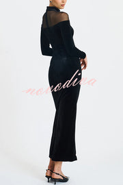 Fashionable Velvet and Mesh Spliced long-sleeved Slim-fit Maxi Dress