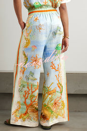 Unique Printed Lapel Short Sleeve Loose Shirt and Elastic Waist Casual Pocket Vacation Pants Set