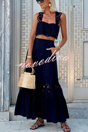 Summer City Hollow Lace Crop Tank and Elastic Waist Pocketed A-line Maxi Skirt Set