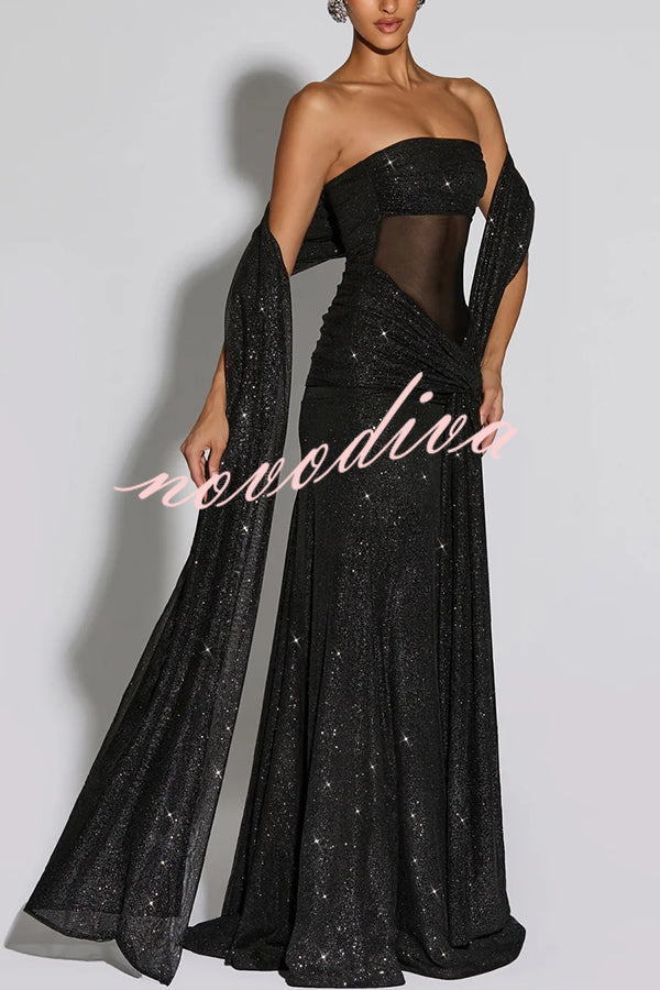 Paula Sequined Mesh and Jersey Off Shoulder Ruched Knot Drape Shawl Maxi Dress