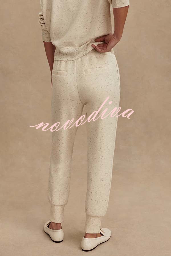Ivory Marl Fleck Half-Zip Neck Long Sleeve Sweatshirt and Elastic Waist Pocket Jogger Set