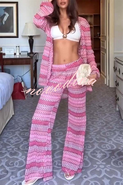 Beach Style Knit Unique Print Long Sleeve Kimono Shirt and Stretch Wide Leg Pants Set