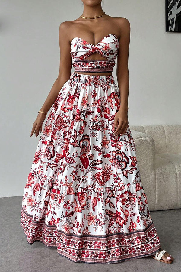 Floral Print Cutout Bandeau Top and Elastic Waist Full Maxi Skirt Set