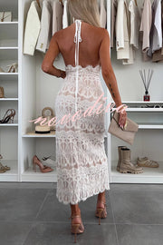 Paulette Unique Lace Halter Backless Slit Stretch Midi Dress