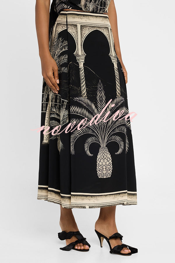 Satin Botanical Print Sleeveless Lounge Top and Midi Skirt Set
