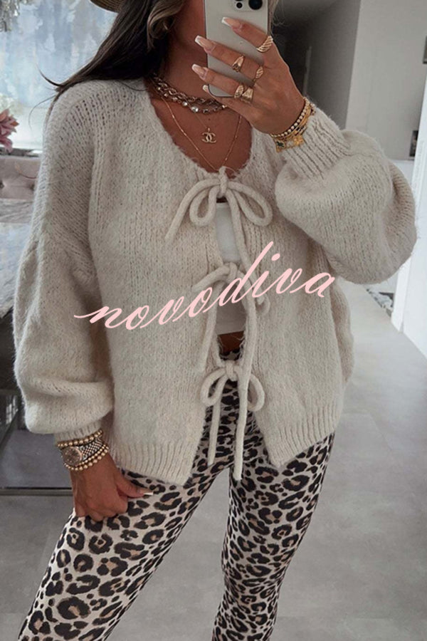 Solid Color Long-sleeved V-neck Lace-up Loose Knitted Sweater