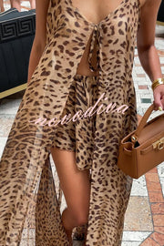 Immerse Vacation Leopard Tie-up Slit Midi Top and Elastic Waist Shorts Set