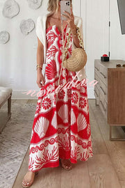 Beautiful Shell Unique Print Front Lace-up Loose  Maxi Dress