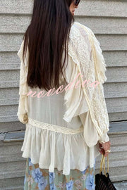Autumn Boho Chiffon Lace Trim Ruffle Balloon Sleeve Blouse