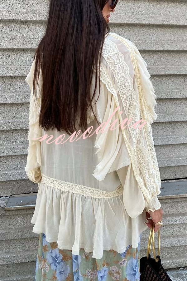Autumn Boho Chiffon Lace Trim Ruffle Balloon Sleeve Blouse