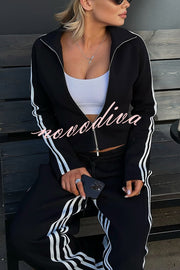 Fashionable Sports Style Striped Long-sleeved Jacket and Elastic Waist Casual Pants Set