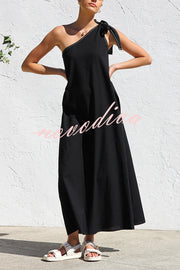 Solid Color One-shoulder Strappy Elegant Sloping Collar Loose Maxi Dress