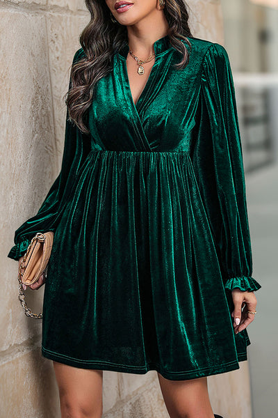 Solid Color Velvet V-Neck Long Sleeve Loose Mini Dress