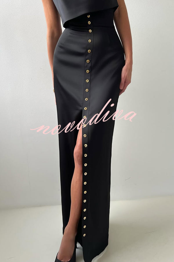 Solid Color Casual Sleeveless Crop Top and Elegant Button-down Maxi Skirt Set