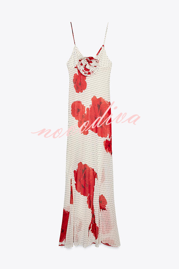 Vanna Poka Dot Floral Print 3D Flower Detail Slip Maxi Dress