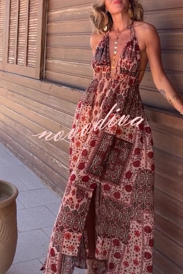 Boho Unique Printed Ring Halter Neck Open Back Slit Maxi Dress