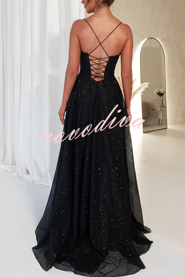 Cinderella Glitter Tulle Fabric Cowl Neck Back Lace-up Pocketed Slit Maxi Dress